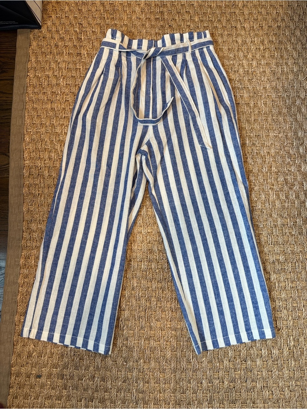 J. Crew Blue and White Wide-Leg Striped Linen Pants